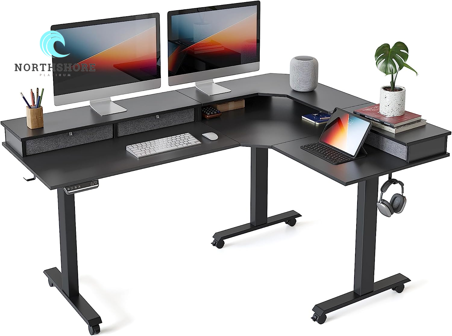 Triple Motor 63" L Shaped Standing Desk with 3 Drawers, Electric Standing Gaming Desk Adjustable Height, Corner Stand up Desk with Splice Board, Black Frame/Black Top