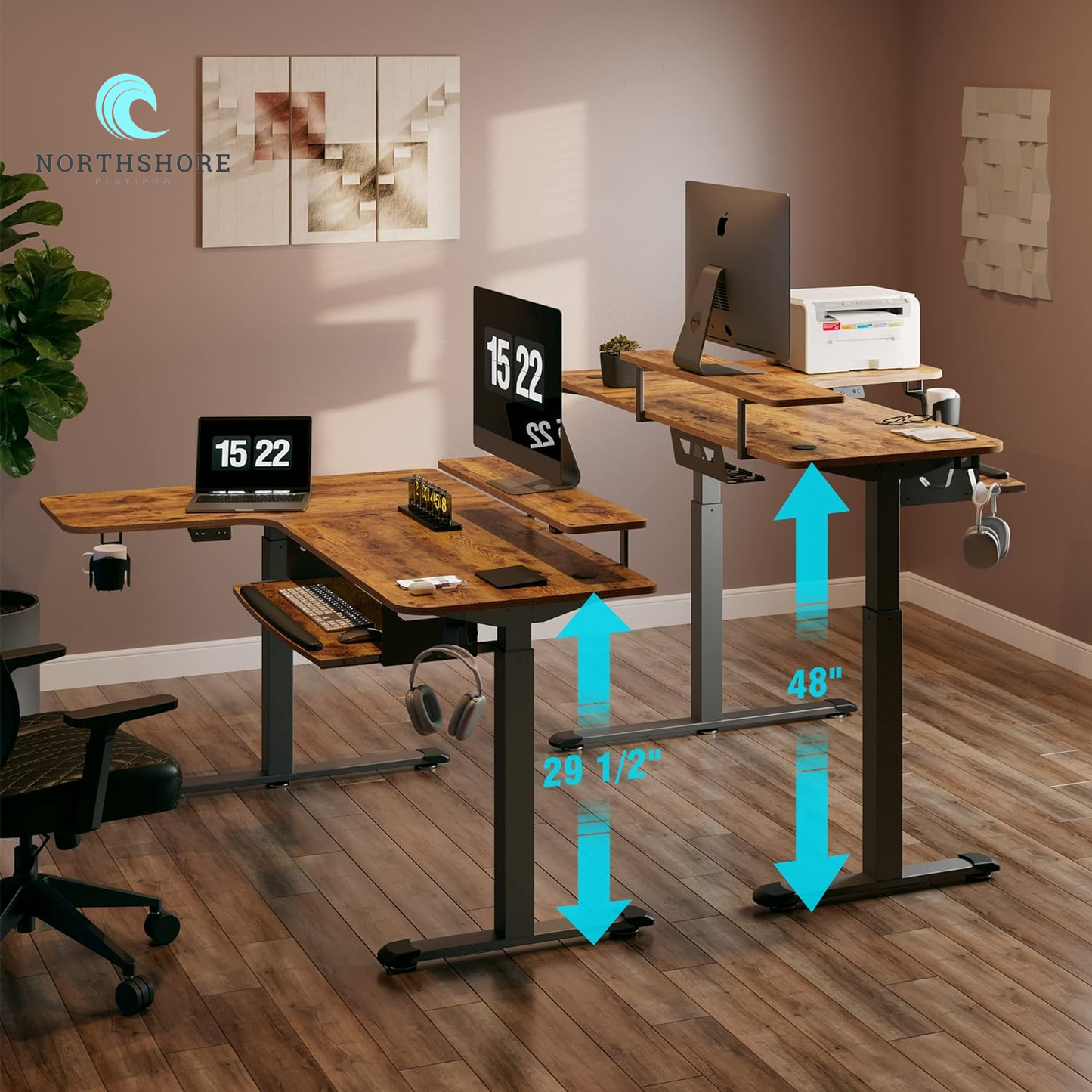 Standing Desk with Keyboard Tray, Computer Desk, 61" L Shaped Electric Adjustable Height Desk W Monitor Stand LED, Corner Sit Stand Desk Gaming Desk, Dual Motor,Left/Rustic Brown