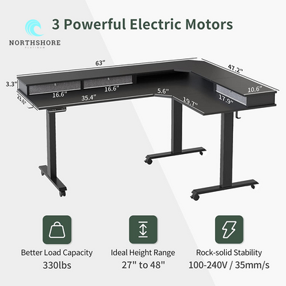 Triple Motor 63" L Shaped Standing Desk with 3 Drawers, Electric Standing Gaming Desk Adjustable Height, Corner Stand up Desk with Splice Board, Black Frame/Black Top