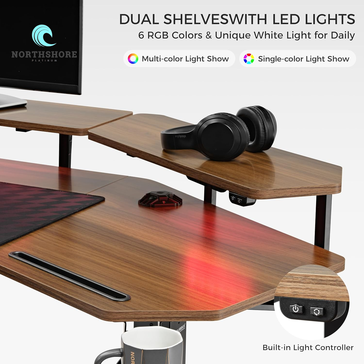 Standing Desk Electric Adjustable Height Desk, Computer Desk with Keyboard Tray 72" Gaming Desk Music Studio Desk Sit Stand up Desk LED Convertible Shelf,Dual Motor,Slot Design,Walnut