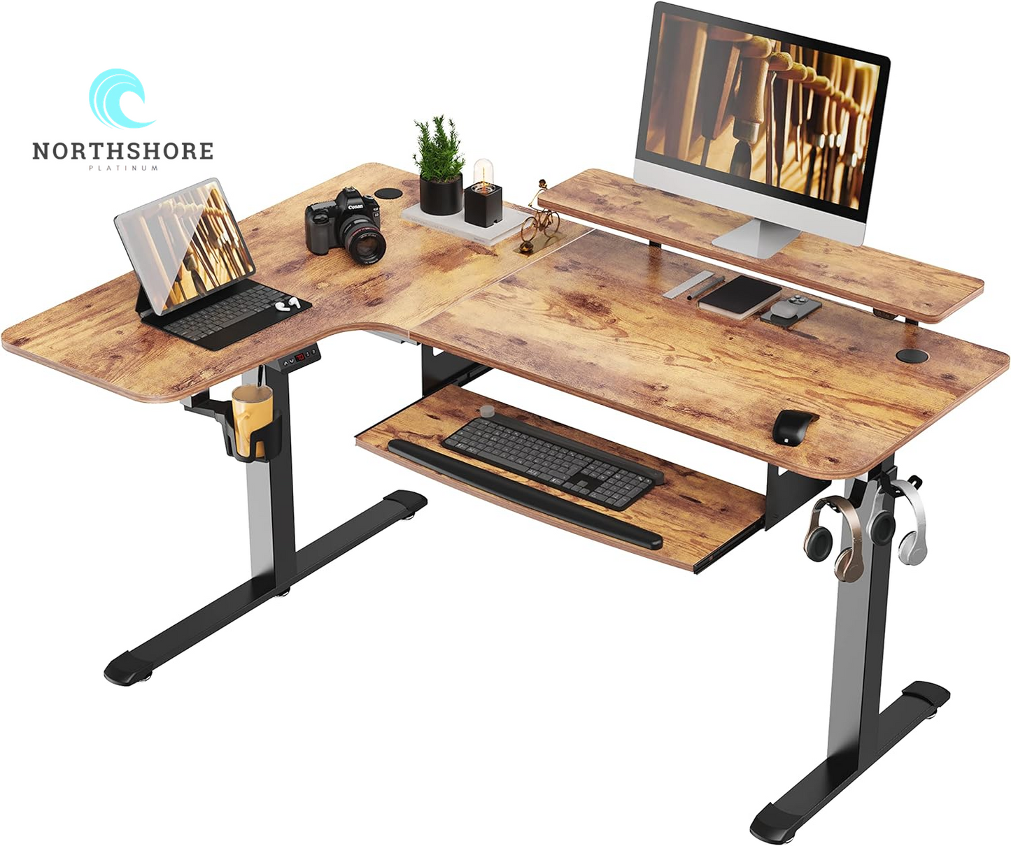 Standing Desk with Keyboard Tray, Computer Desk, 61" L Shaped Electric Adjustable Height Desk W Monitor Stand LED, Corner Sit Stand Desk Gaming Desk, Dual Motor,Left/Rustic Brown