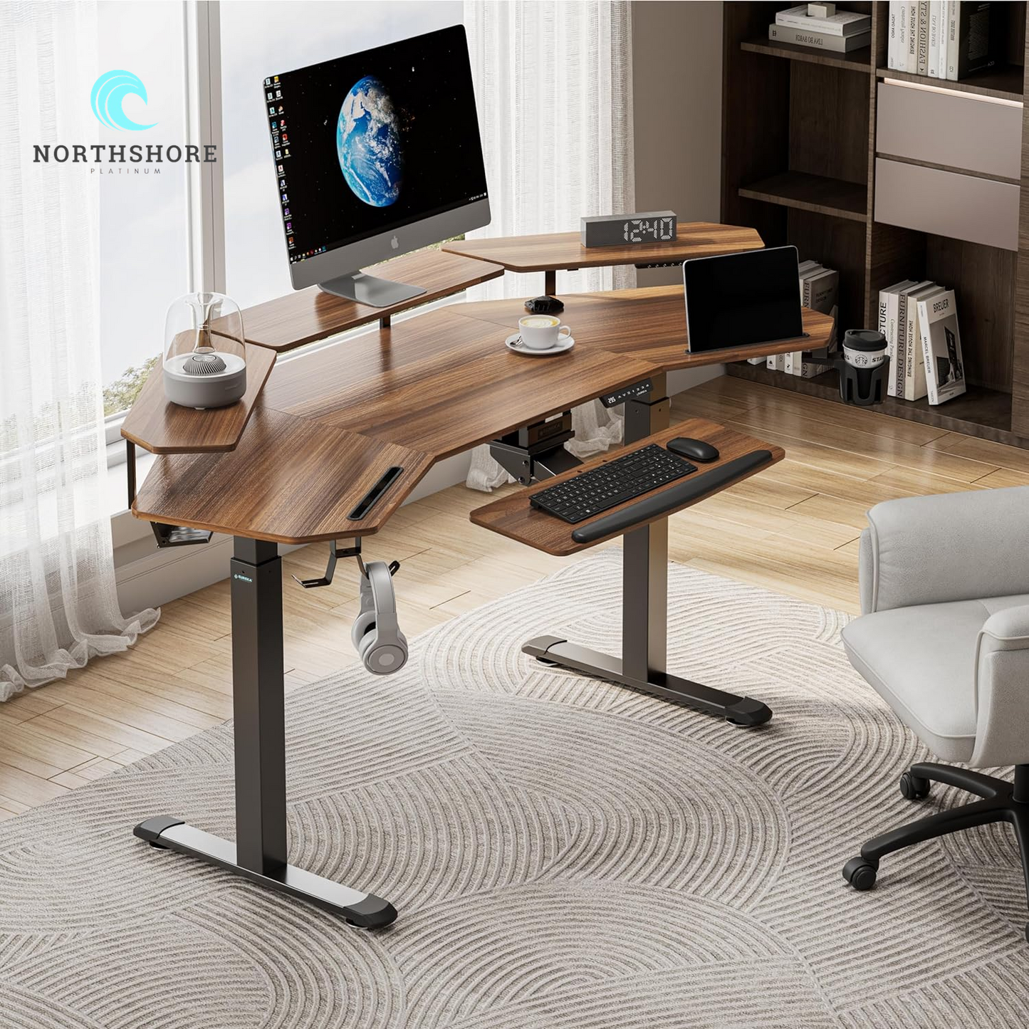 Standing Desk Electric Adjustable Height Desk, Computer Desk with Keyboard Tray 72" Gaming Desk Music Studio Desk Sit Stand up Desk LED Convertible Shelf,Dual Motor,Slot Design,Walnut